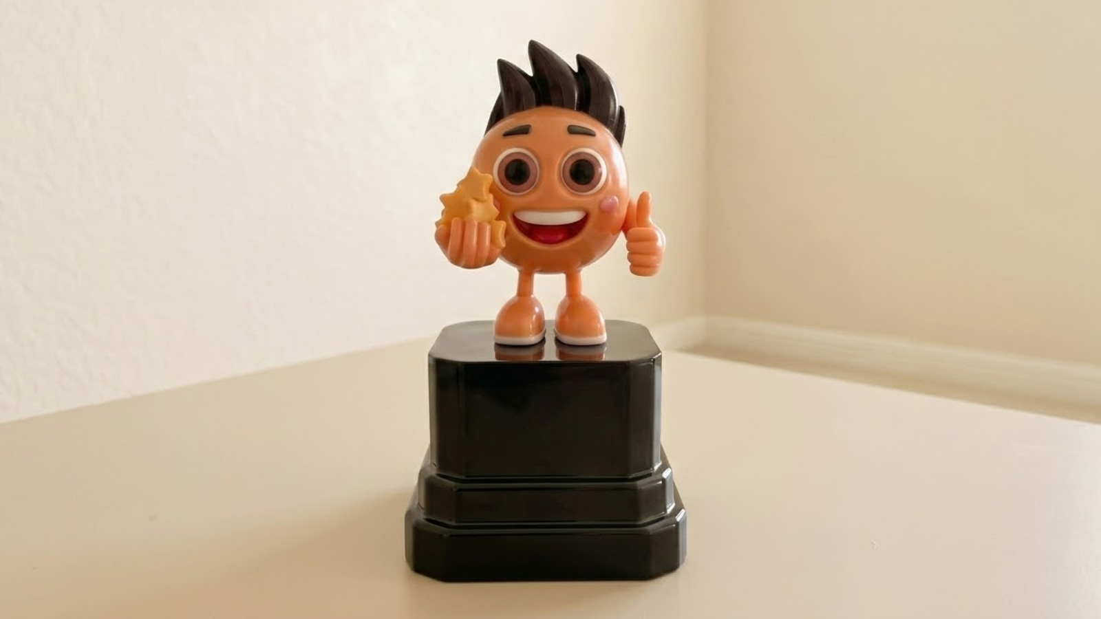 Trophée collaborateur multicolore en procédé PolyJet multicolore — mascotte modélisée d'après un visuel 2D