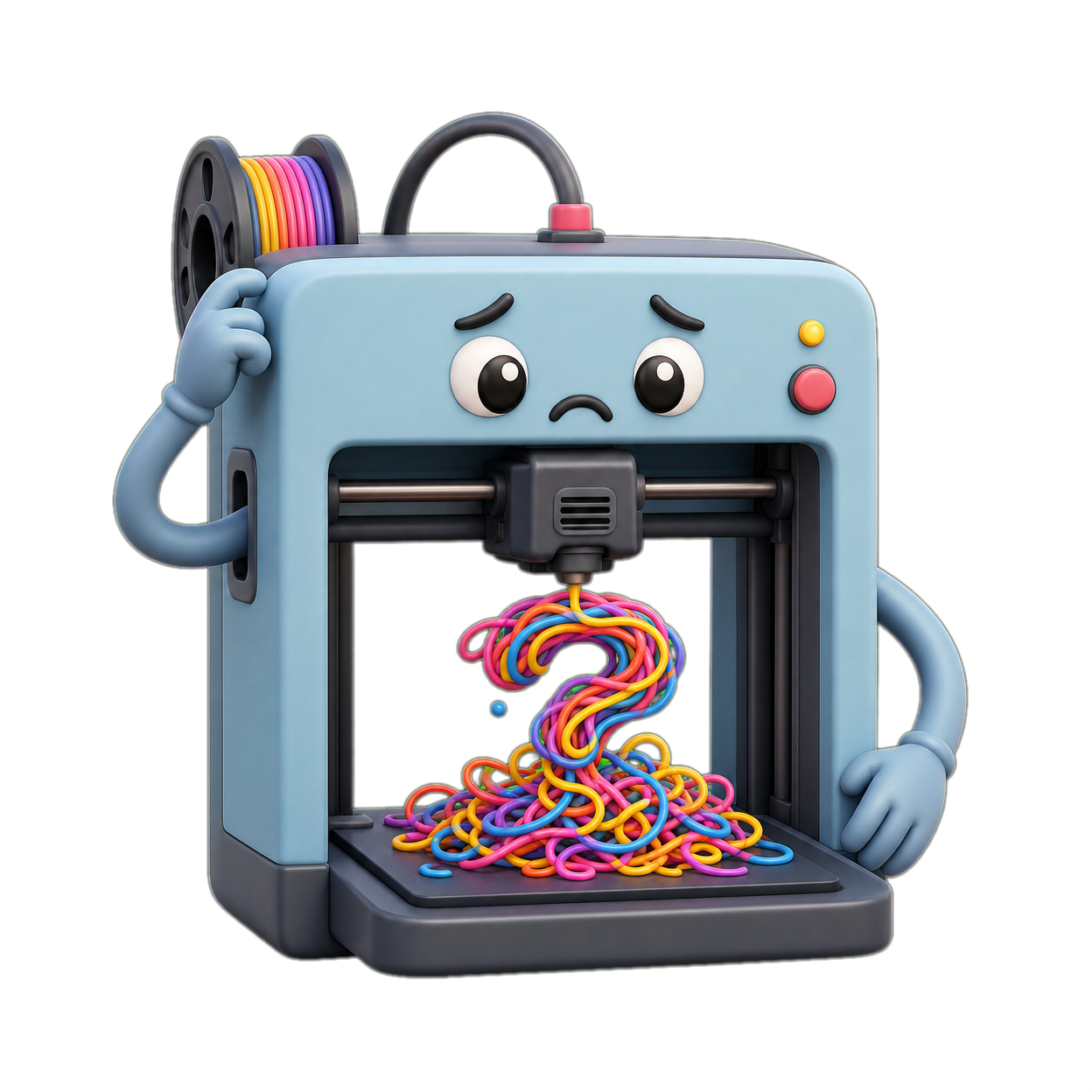 Sad 3D printer printing a question mark out of tangled filament
