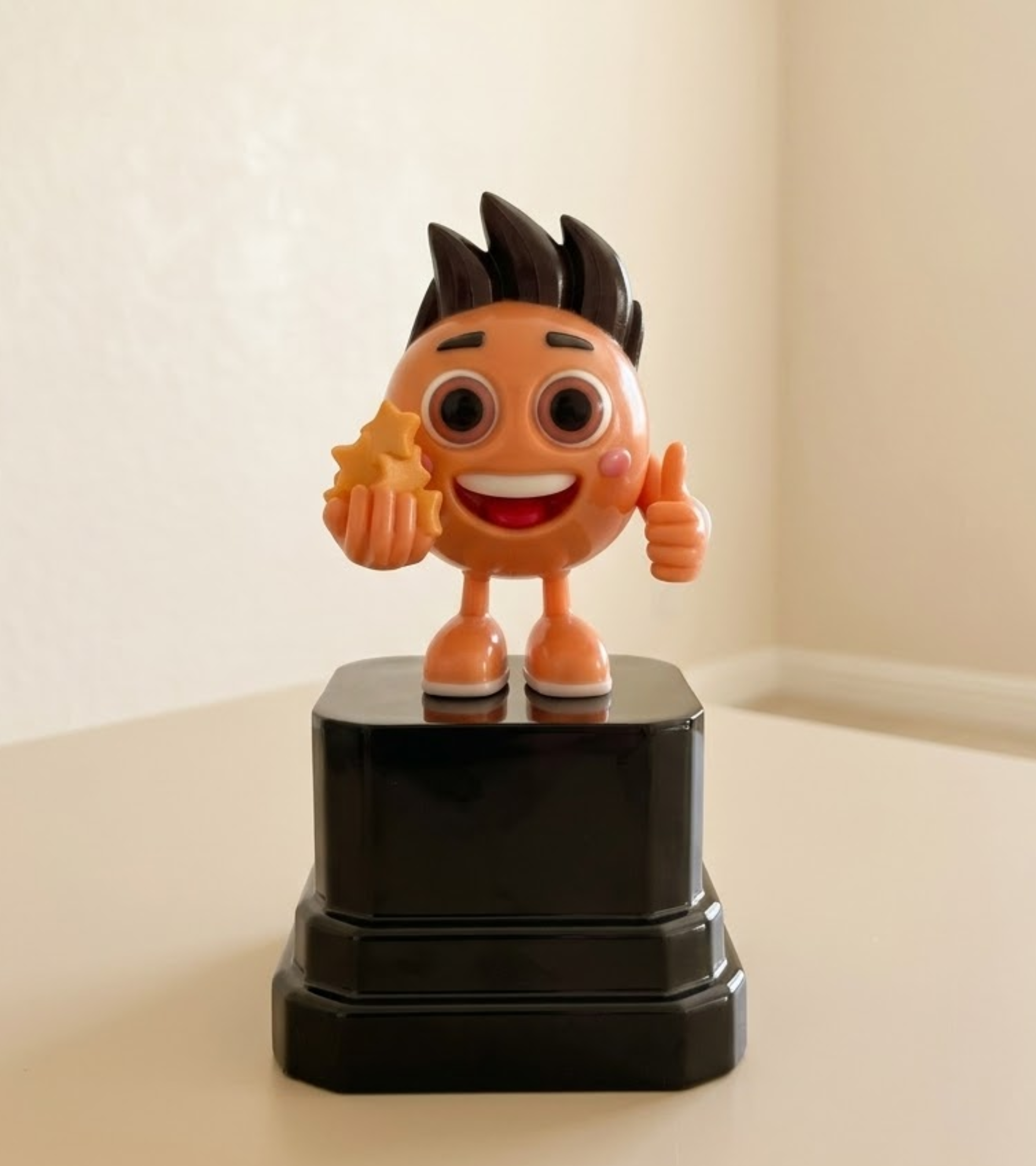 Trophée collaborateur multicolore en procédé PolyJet multicolore — mascotte modélisée d'après un visuel 2D